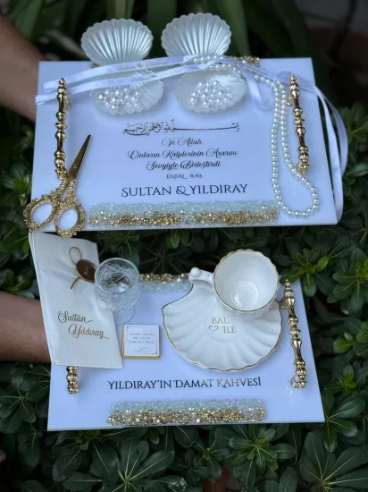 Taşlı Pleksi Söz & Damat Kahvesi Tepsi Seti