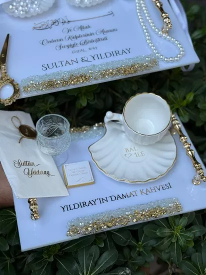 Taşlı Pleksi Söz & Damat Kahvesi Tepsi Seti