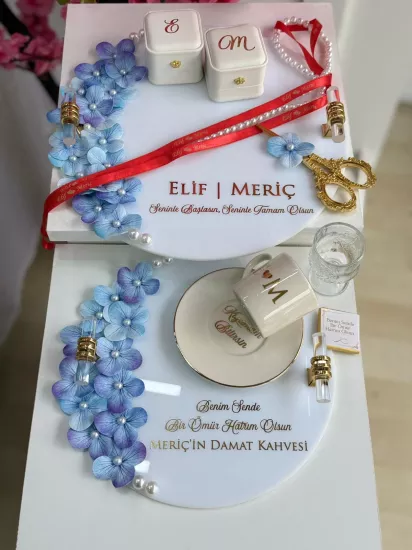 Mavi Çiçekli Pleksi Tepsi Seti