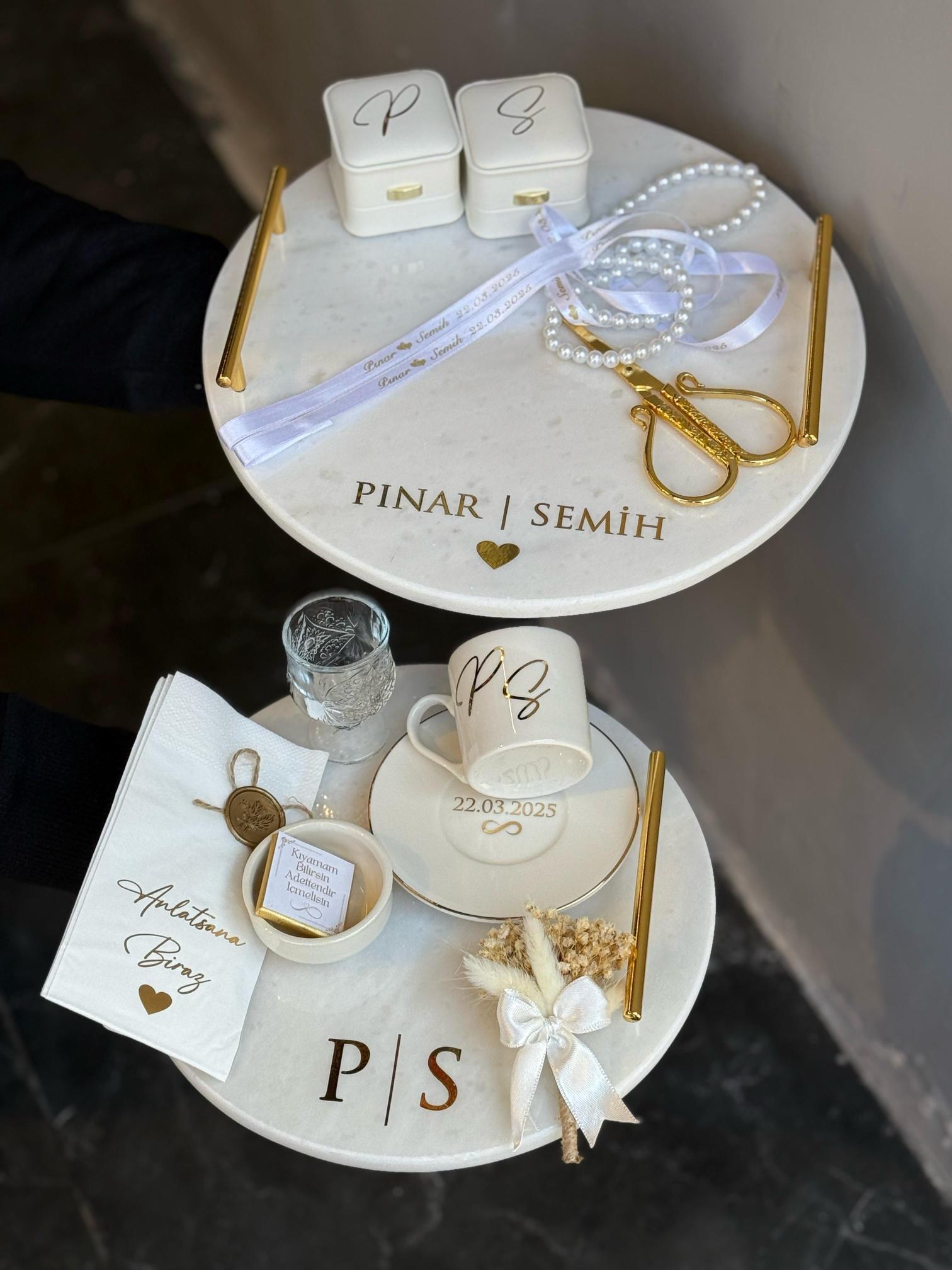 Yuvarlak Mermer Tepsi ve Damat Kahvesi Seti