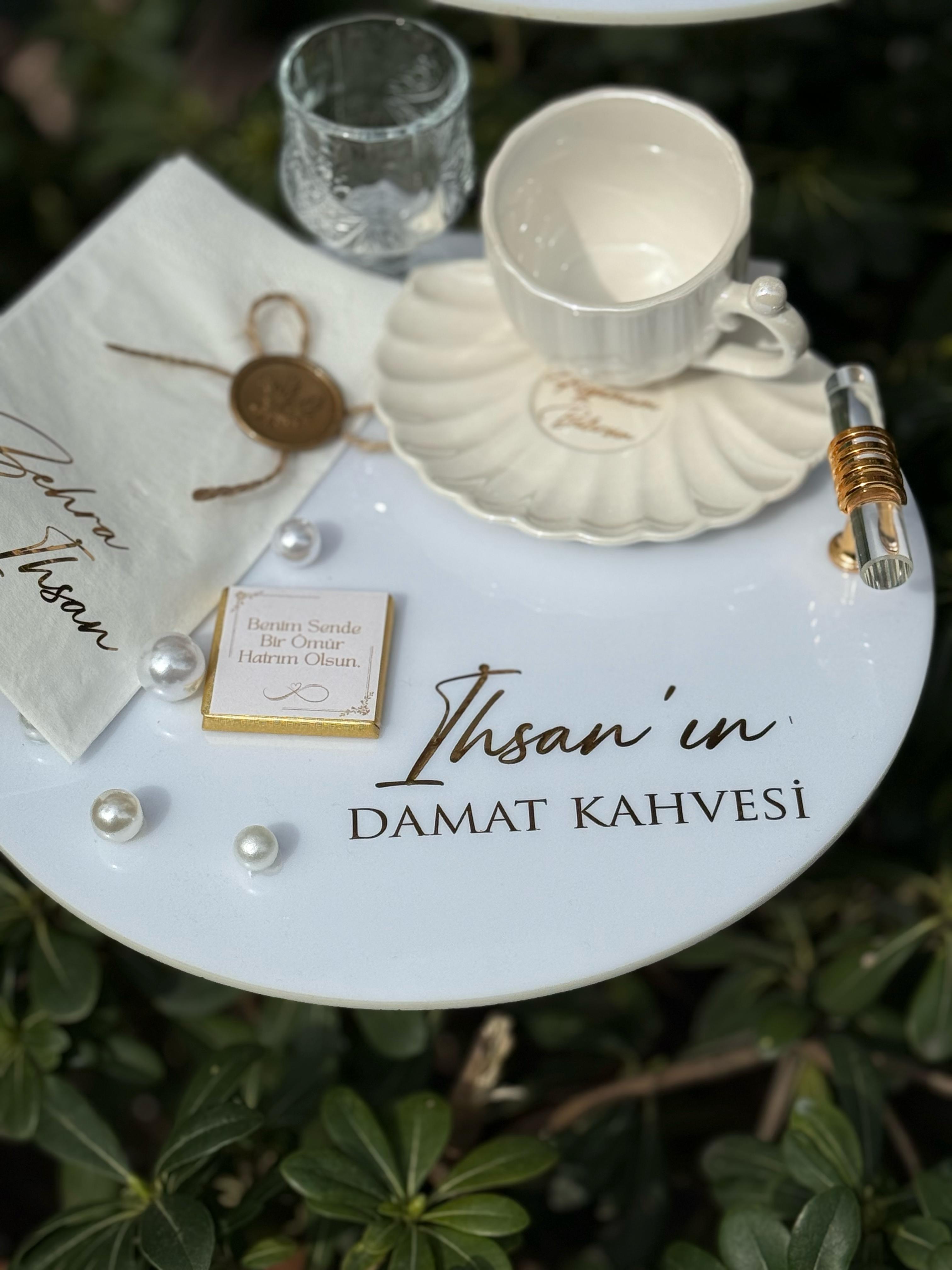 Özel Tasarım Kalp & Sonsuzluk Motifli Pleksi Söz & Damat Kahvesi Tepsi Seti