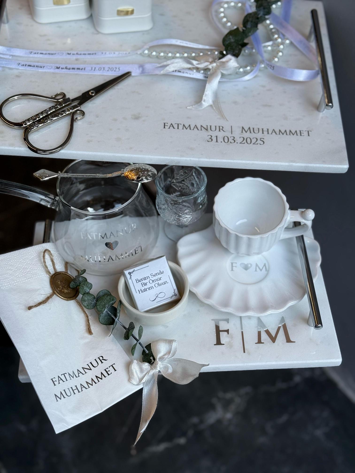 Özel Tasarım Mermer Tepsi, Cam Cezve ve İstiridye Fincan Seti